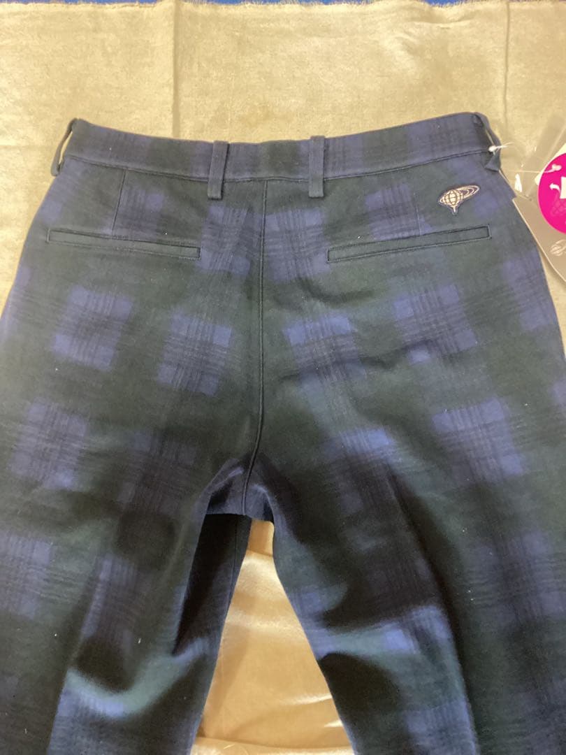 beams golf ネイビー系チェック柄スリムフィットパンツ