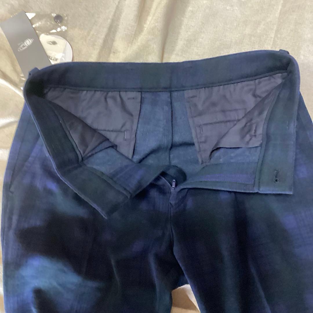 beams golf ネイビー系チェック柄スリムフィットパンツ