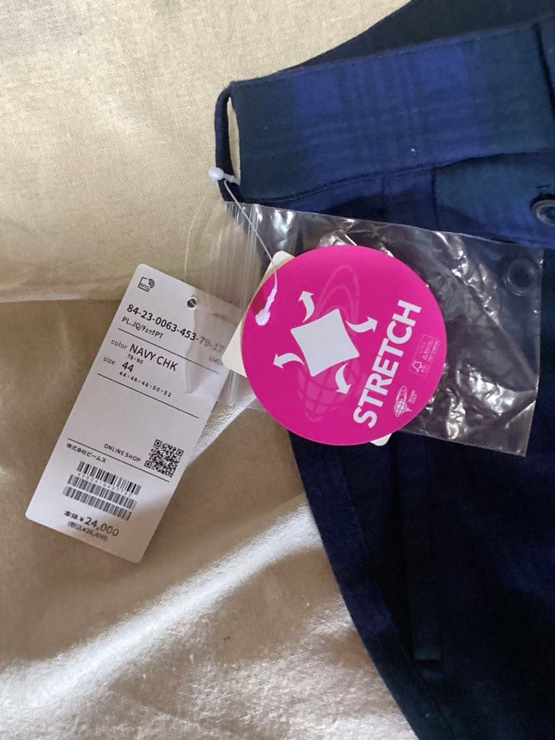 beams golf ネイビー系チェック柄スリムフィットパンツ