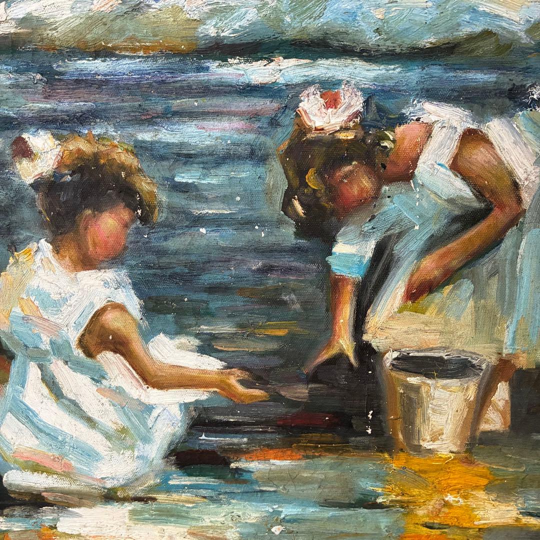 油彩画 子供たちが海で遊ぶ