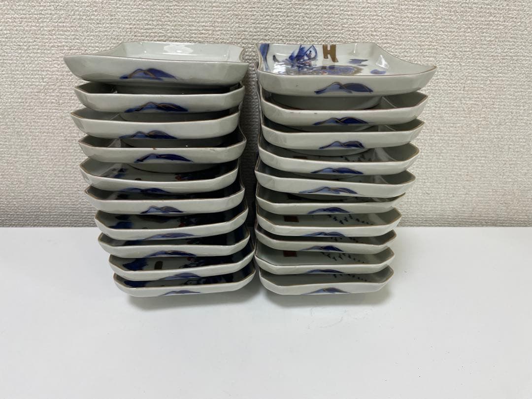 【現状品】古伊万里 染付 金彩 山水 金彩 角皿 アンティーク 時代物 20枚