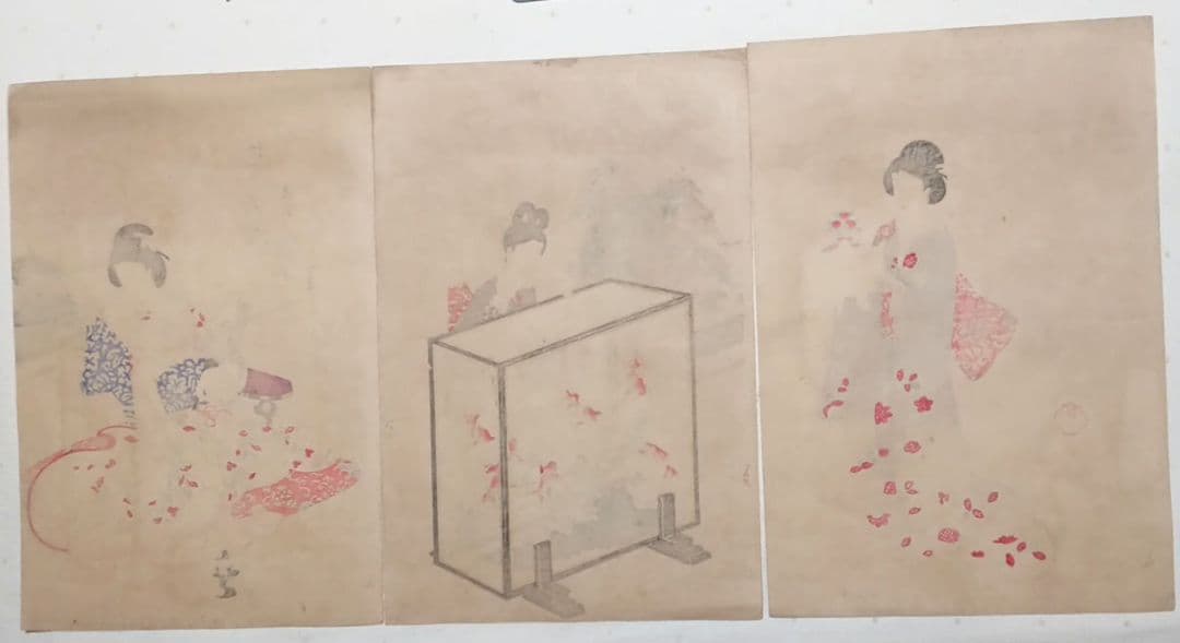 浮世絵版画、徳川時代貴婦人乃圖三枚綴り、橋本周延画、明治30年出版