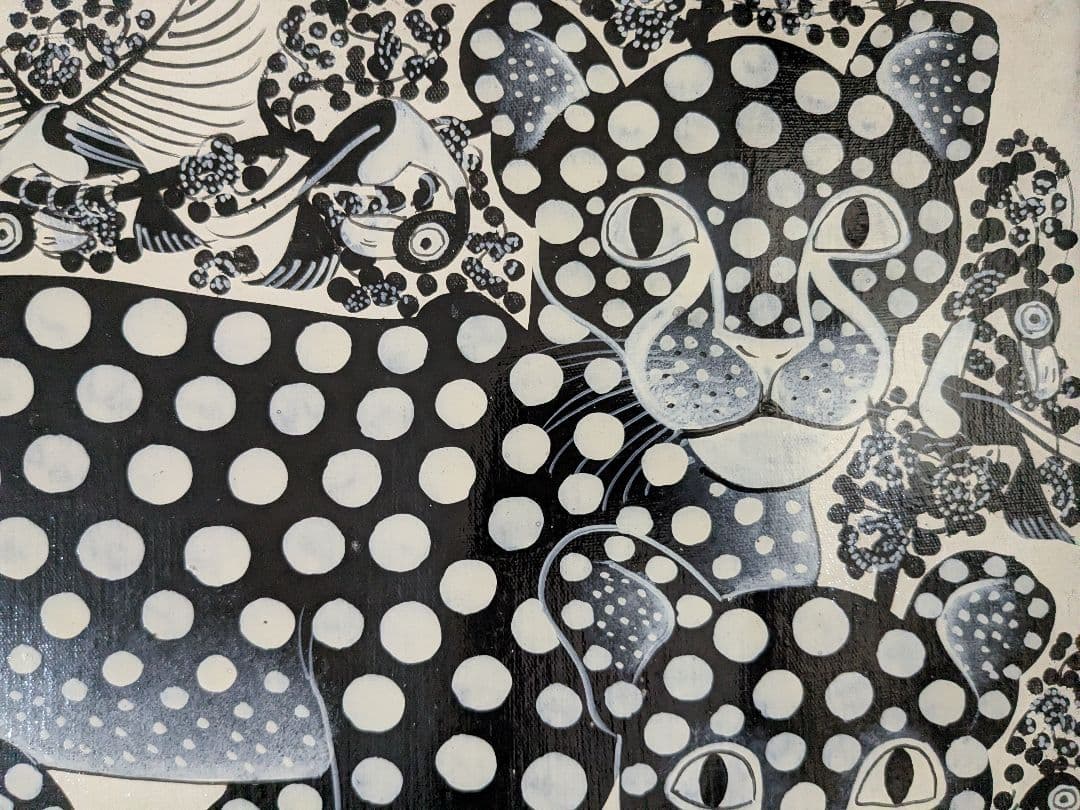 ●アフリカの絵画、ティンガティンガ、モノクロチーター親子、30×40cm