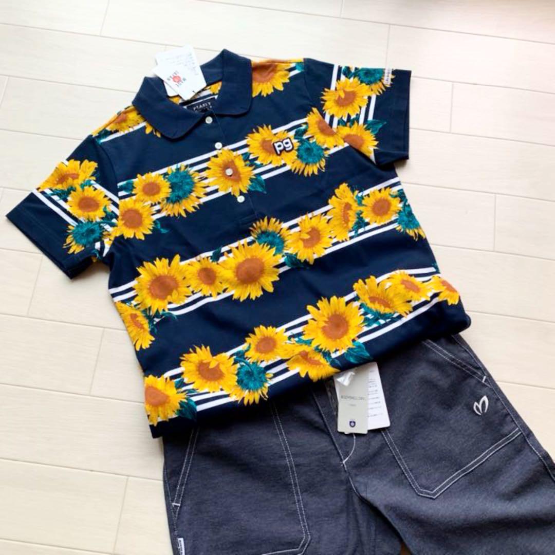 定価24200円⭐️新品 パーリーゲイツ ひまわり ポロシャツ 日本製⭐️紺0