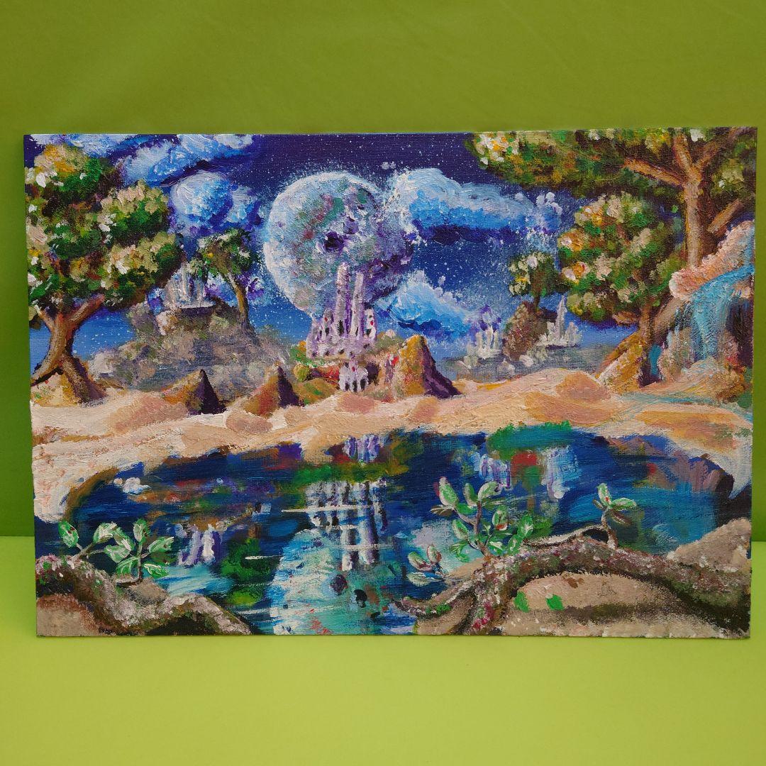 幻想的なファンタジー風景 アクリル画リーフグリーンA
