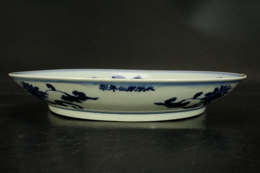 中国美術 染付 枝葉紋 皿 φ27.5cm(ZE791)