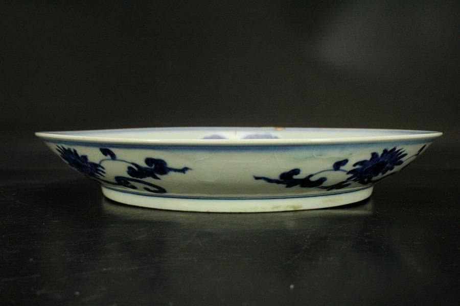 中国美術 染付 枝葉紋 皿 φ27.5cm(ZE791)