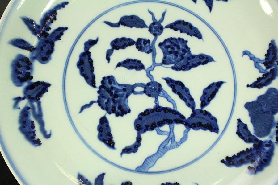 中国美術 染付 枝葉紋 皿 φ27.5cm(ZE791)