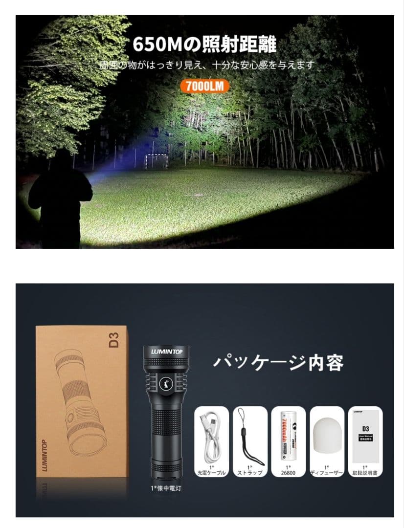 LUMINTOP 懐中電灯 7000mAh Type-C充電（D3）