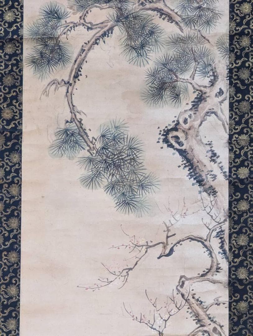 【真作】掛軸　天神図　松と梅の背景　高貴な武士肖像　時代風合い　合箱入　R43