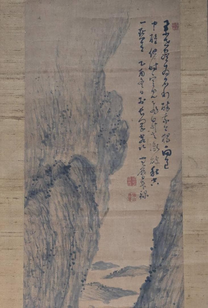 【真作】掛軸　文人山水図　渓谷風景・高士図　古雅な詩書画一致の逸品　V92