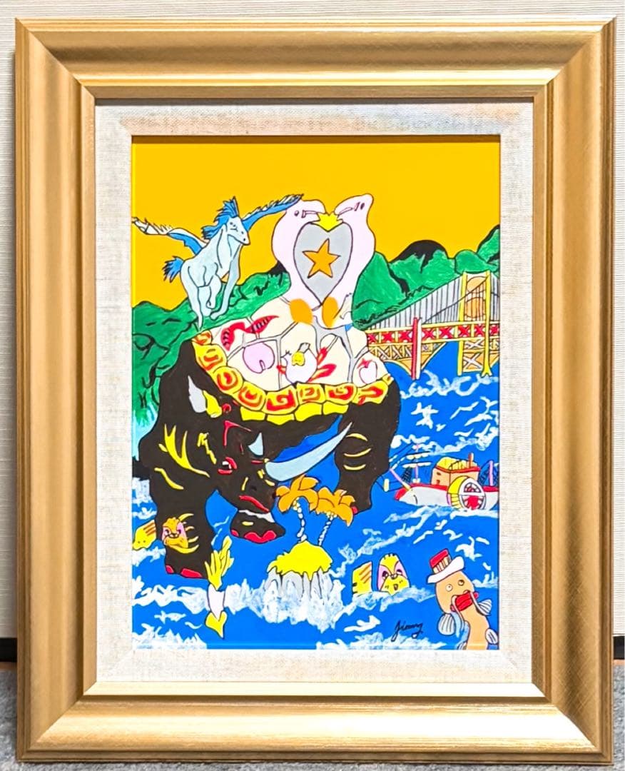 【F4号】手描き作品　ジミー大西 【神話】額縁　未使用額　サイン　落款　代表作