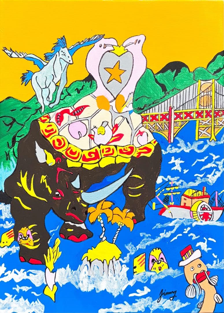 【F4号】手描き作品　ジミー大西 【神話】額縁　未使用額　サイン　落款　代表作