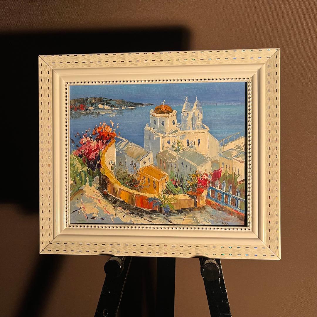 手書き油絵 サントリーニの風景 額付 インテリア 油彩画 肉筆絵画