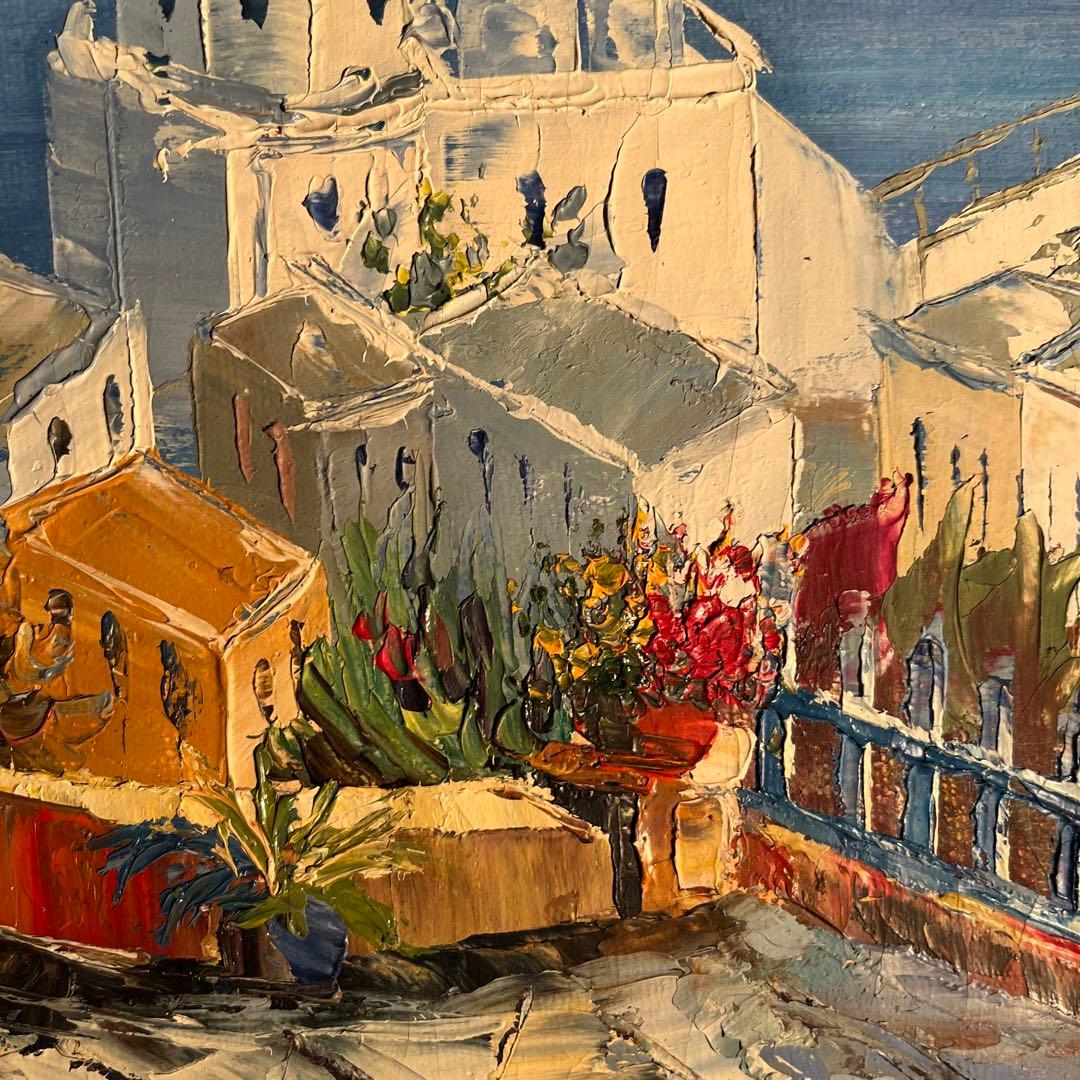 手書き油絵 サントリーニの風景 額付 インテリア 油彩画 肉筆絵画