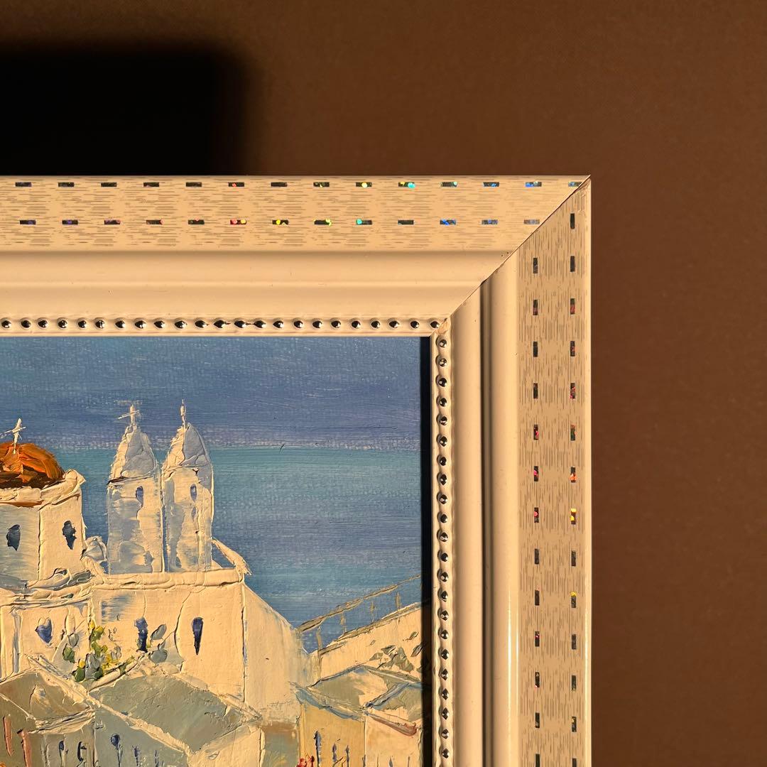 手書き油絵 サントリーニの風景 額付 インテリア 油彩画 肉筆絵画