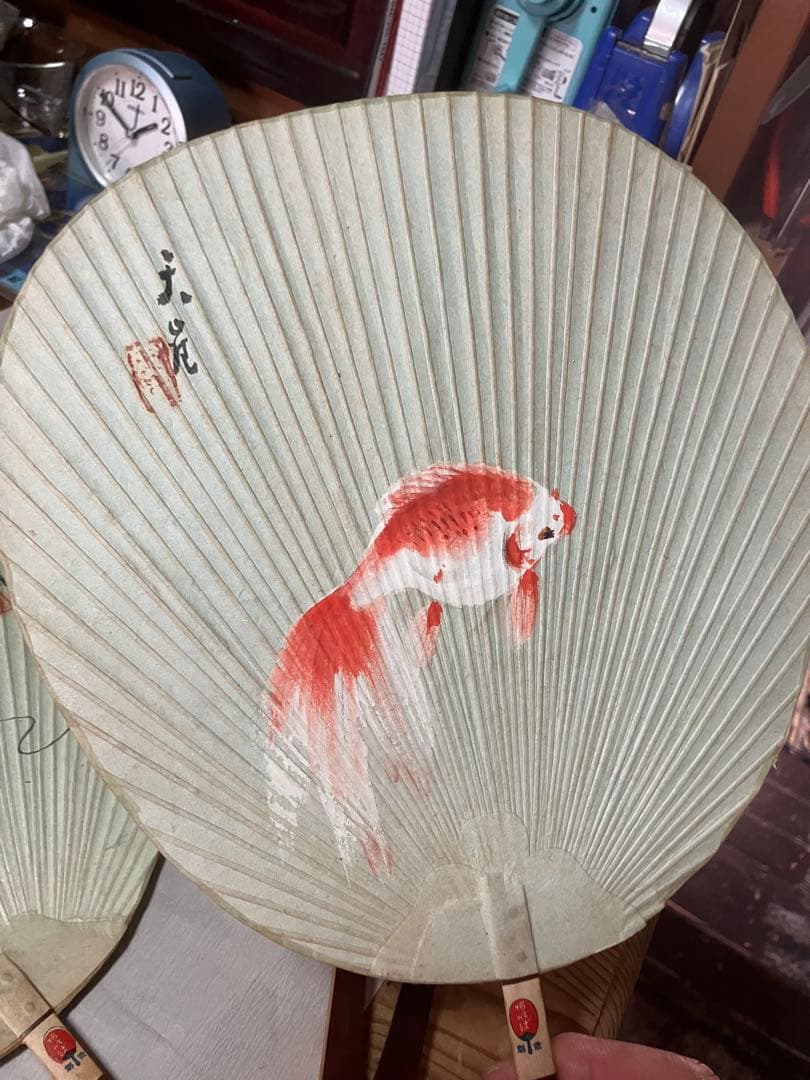 骨董　直筆　絵付け団扇　天崖