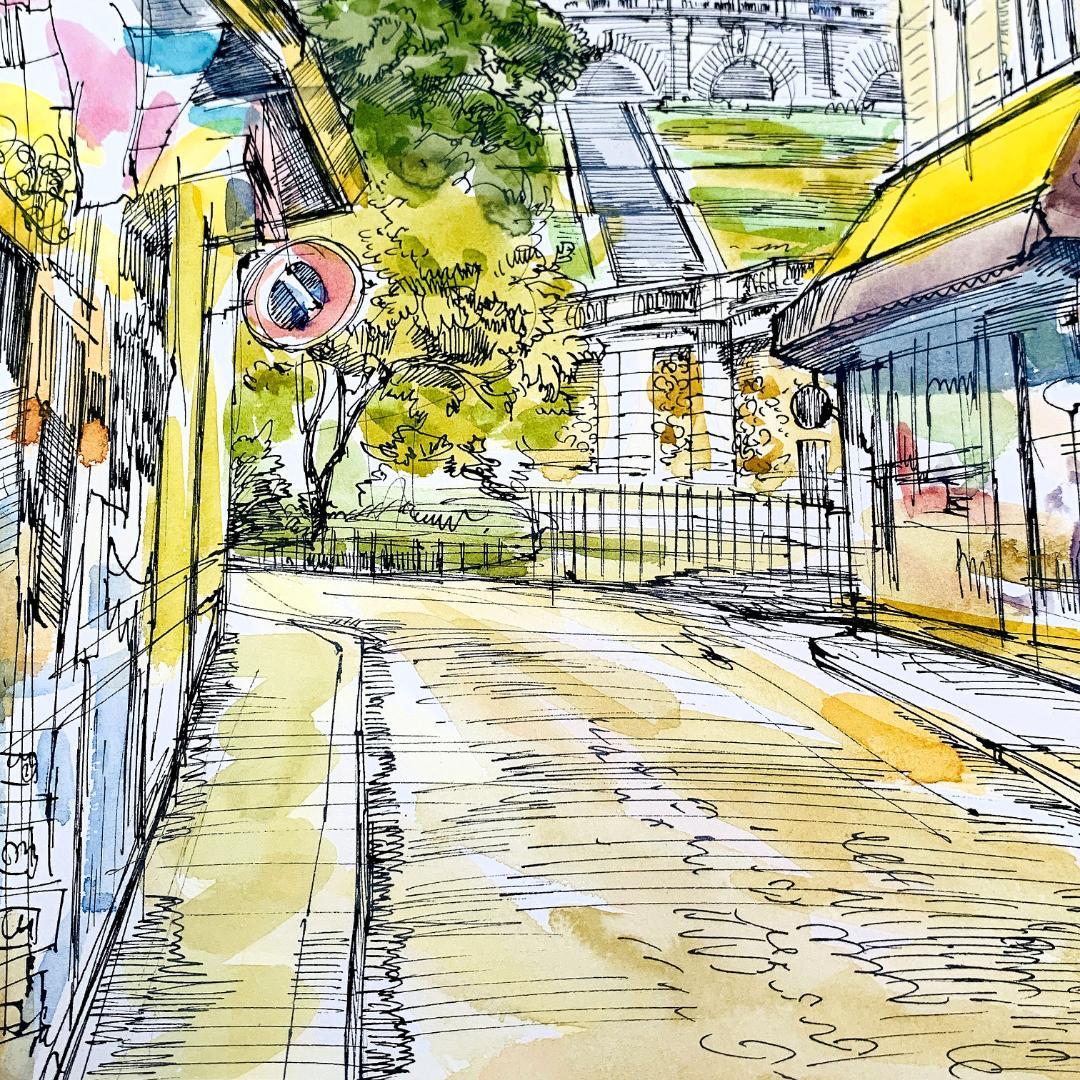 真作保証 長嶋玄文『モンマルトル』水彩・ペン画 直筆サイン入 R8SD19