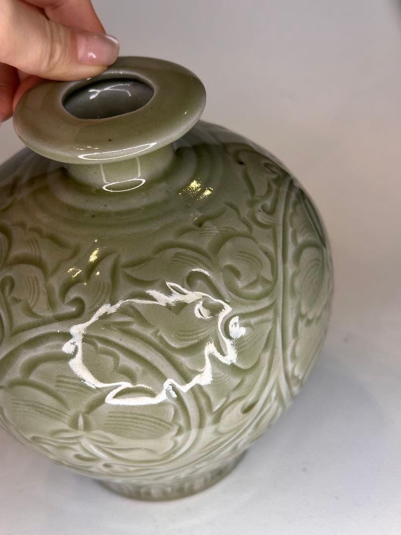 耀州窯 青磁 花瓶 中国古美術 时代物