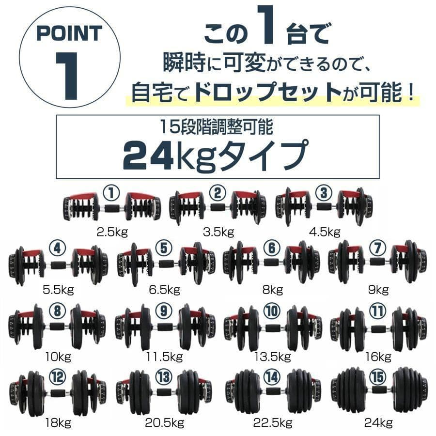 可変式ダンベル 24kg 2個 15段階調節 省スペース収納（ブラック×レッド）