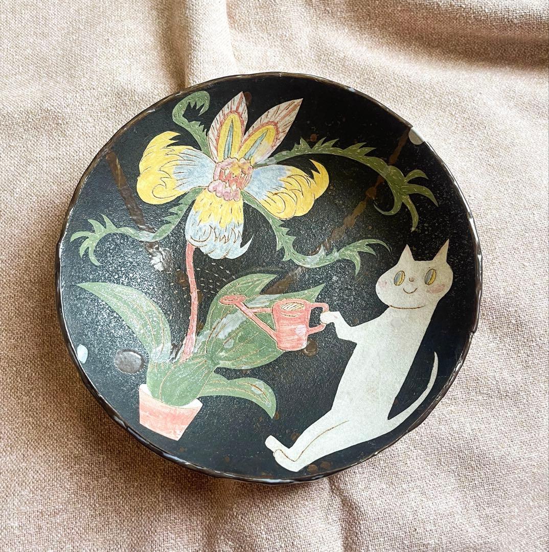 鹿児島睦 猫と花植物 皿 プレートボウル 約19.5cm