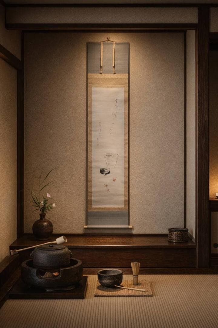 【真作】掛軸　茶碗と水指に紅葉図　秋趣あふれる茶掛け　V173