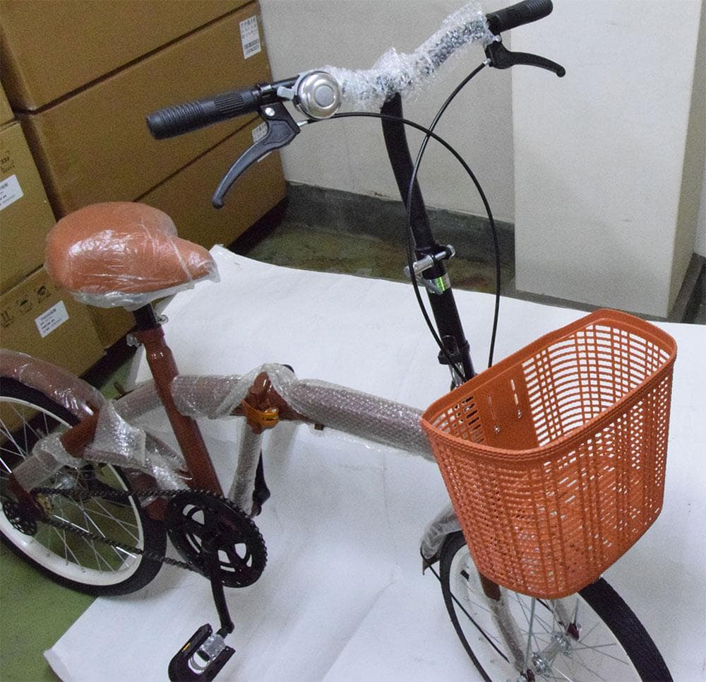 在庫サンプル 折りたたみ自転車 ２０インチ ミニベロ ママチャリカゴ付【ブラウン