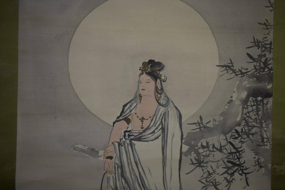 真作/源藻川/魚籃観音図/桐共箱付/布袋屋掛軸HJ-6