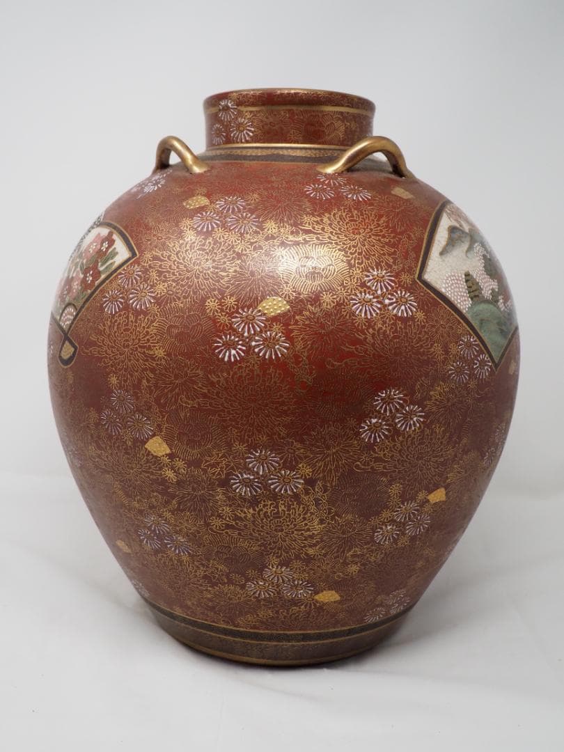 色絵金彩扇面花鳥風景図四耳花瓶　壺　薩摩焼　連山　-SO