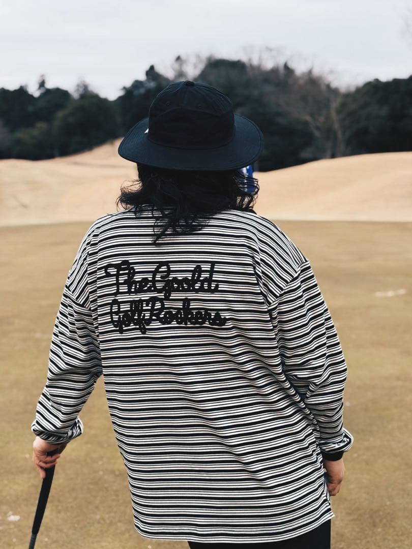 AIRY STRETCH BORDER L/S POLO BLACK サイズXL