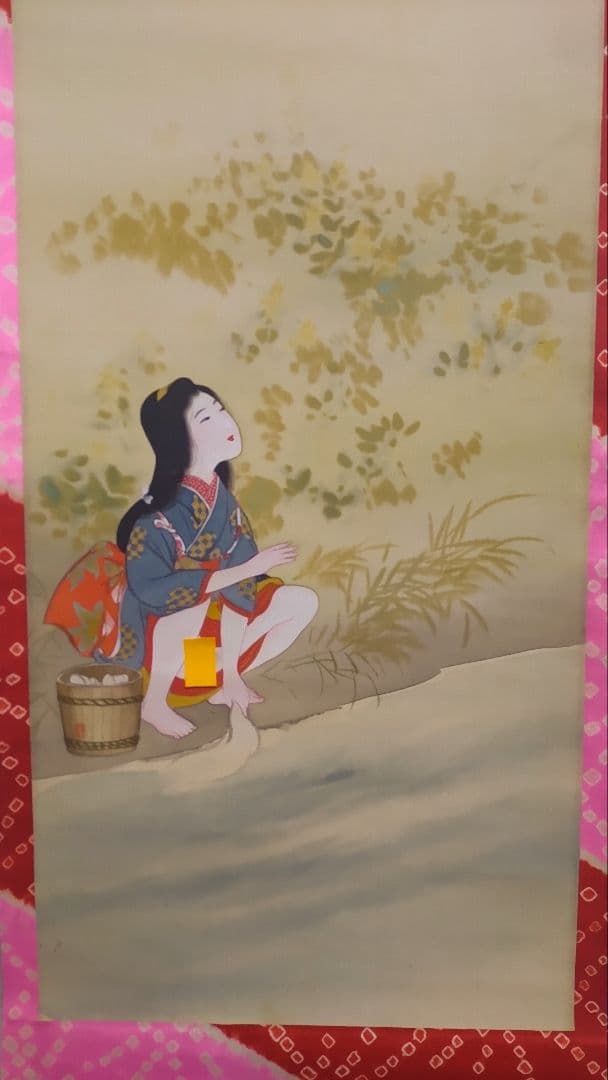 ご希望額まで値下げ～@秋石 少女洗衣の肉筆掛軸 春画性風俗画