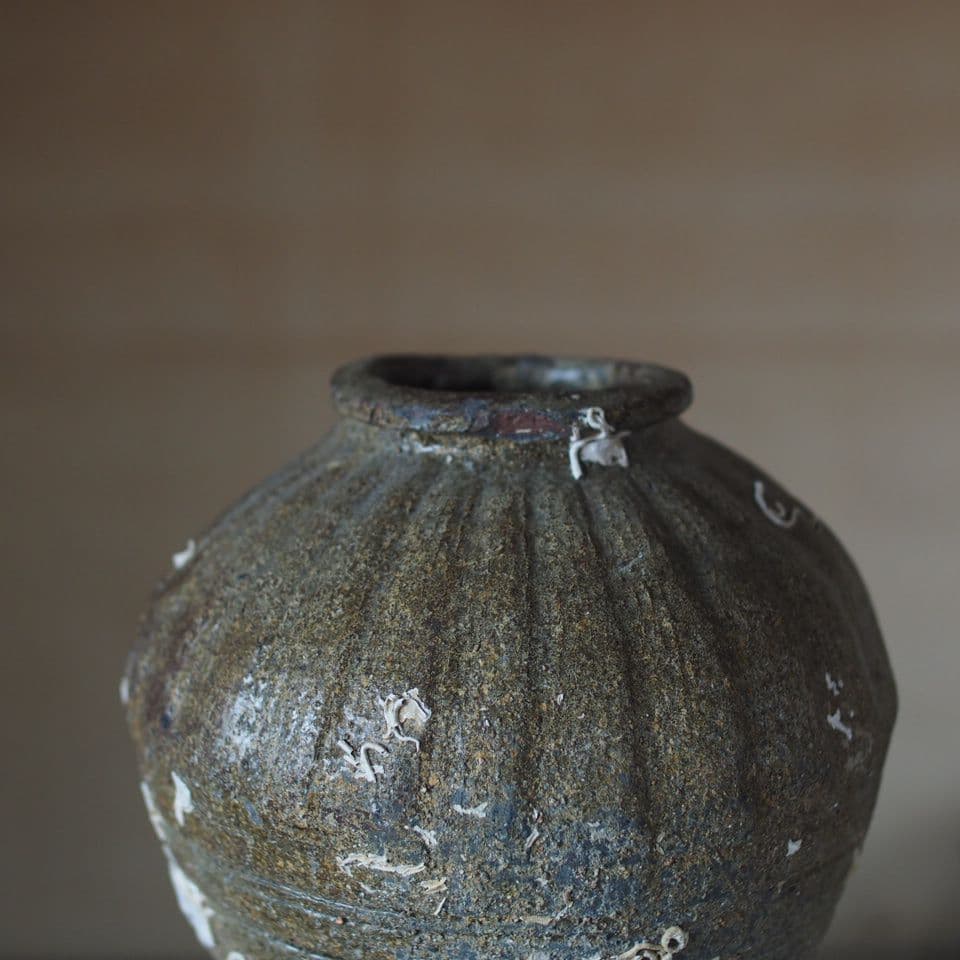 陶芸 壺型 陶器 緑がかった茶色 海上がり 古道具 古美術