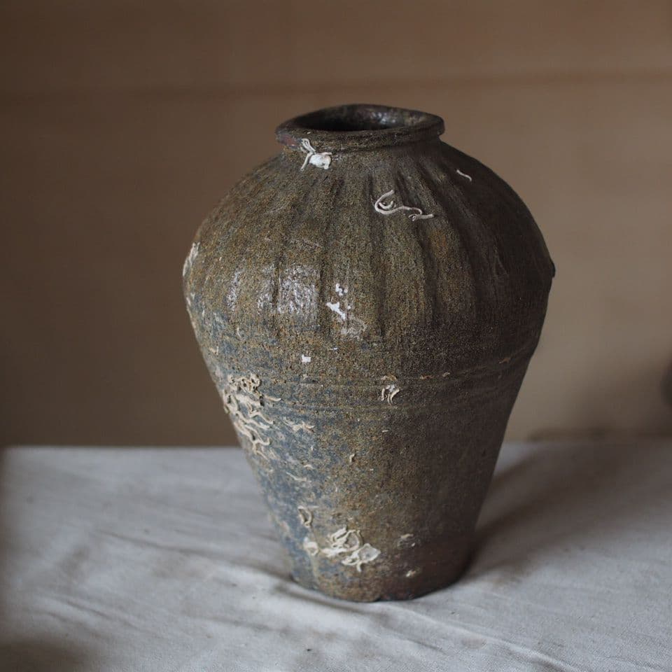 陶芸 壺型 陶器 緑がかった茶色 海上がり 古道具 古美術