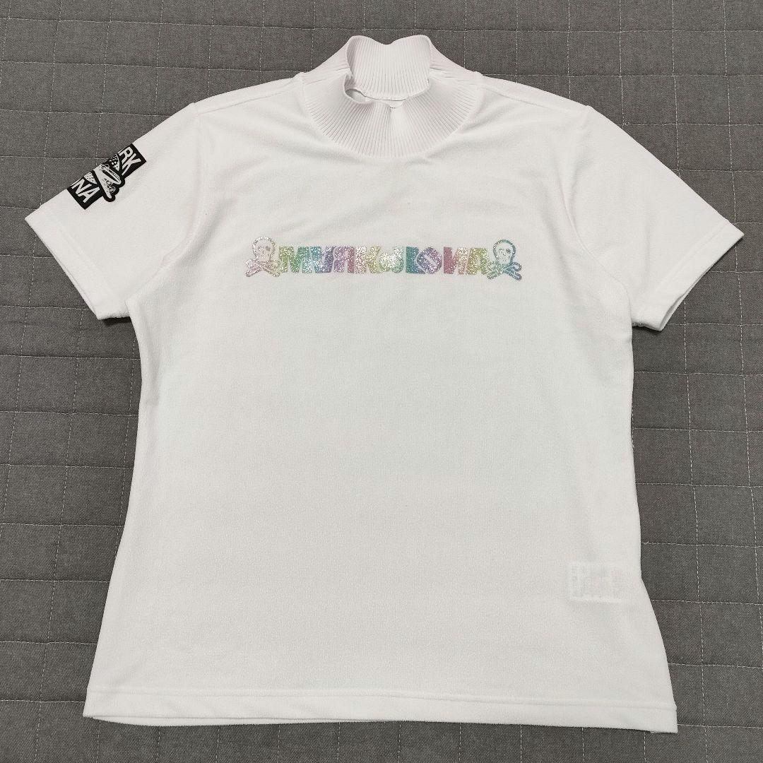 【美品】マークアンドロナ　ハイネック半袖シャツ　ラメロゴ　パイル　ホワイト　40