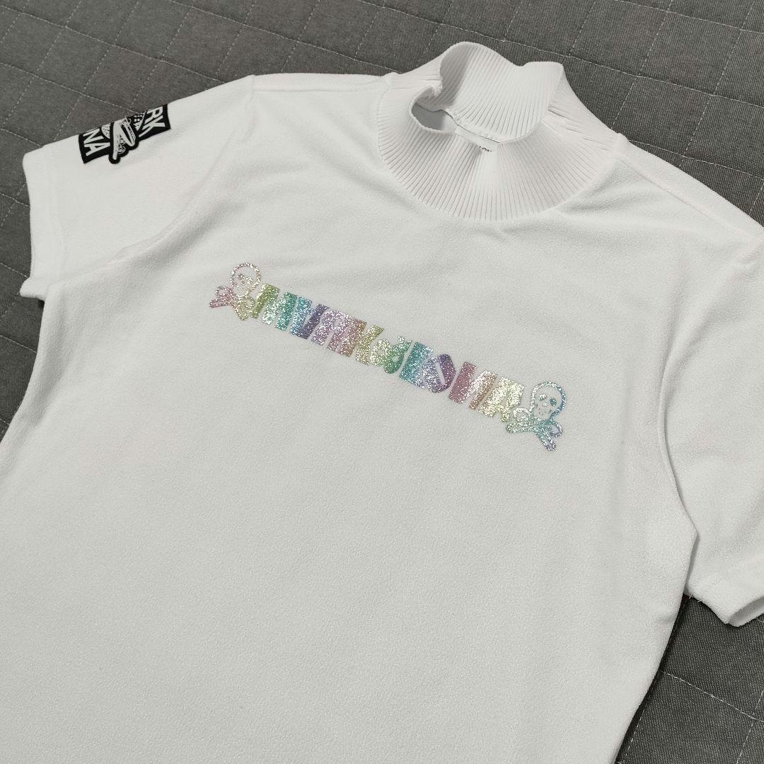 【美品】マークアンドロナ　ハイネック半袖シャツ　ラメロゴ　パイル　ホワイト　40