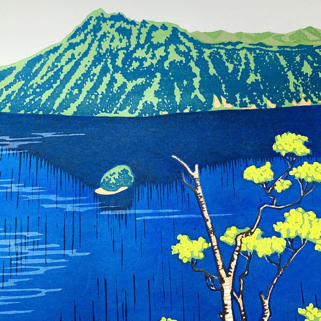 大本靖『コバルトの摩周湖』A.P版 木版画 額装 北海道 風景画 R8SD24
