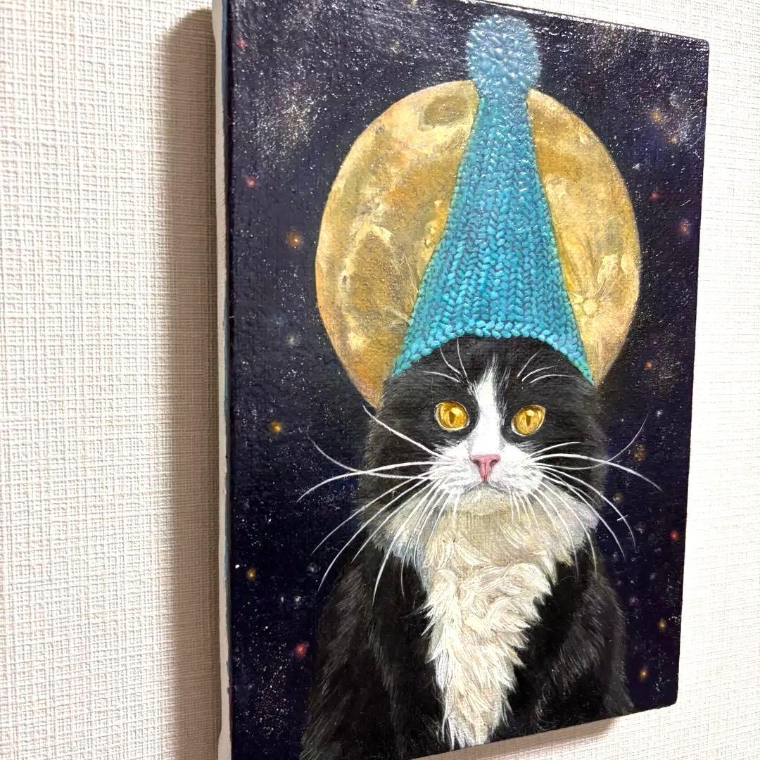 猫の手描き絵画 猫と月