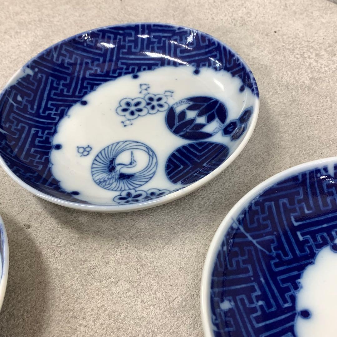 印判皿 10点 直径14.7cm 青 藍色 古皿 鶴 丸 窓 花 賀正 祝