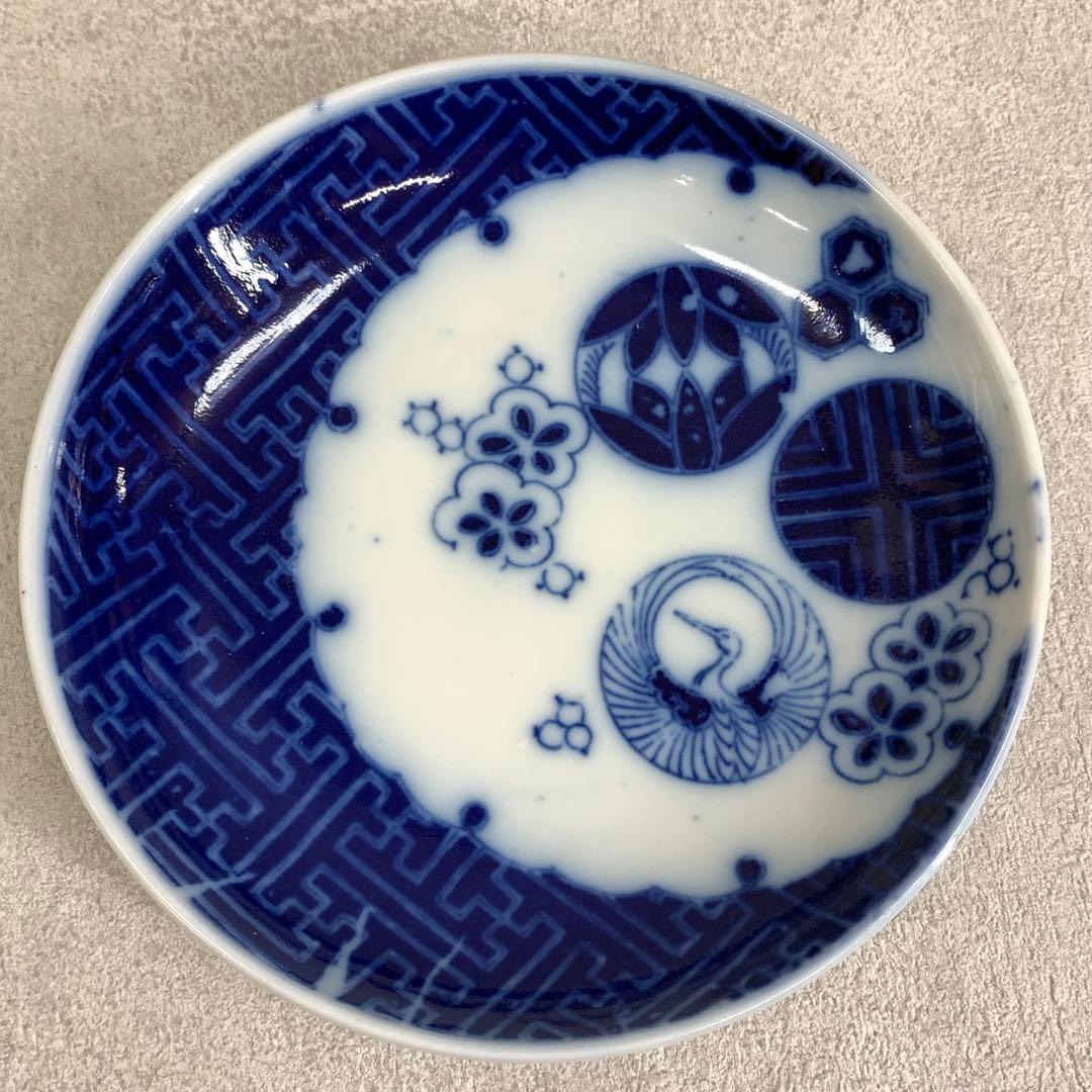 印判皿 10点 直径14.7cm 青 藍色 古皿 鶴 丸 窓 花 賀正 祝