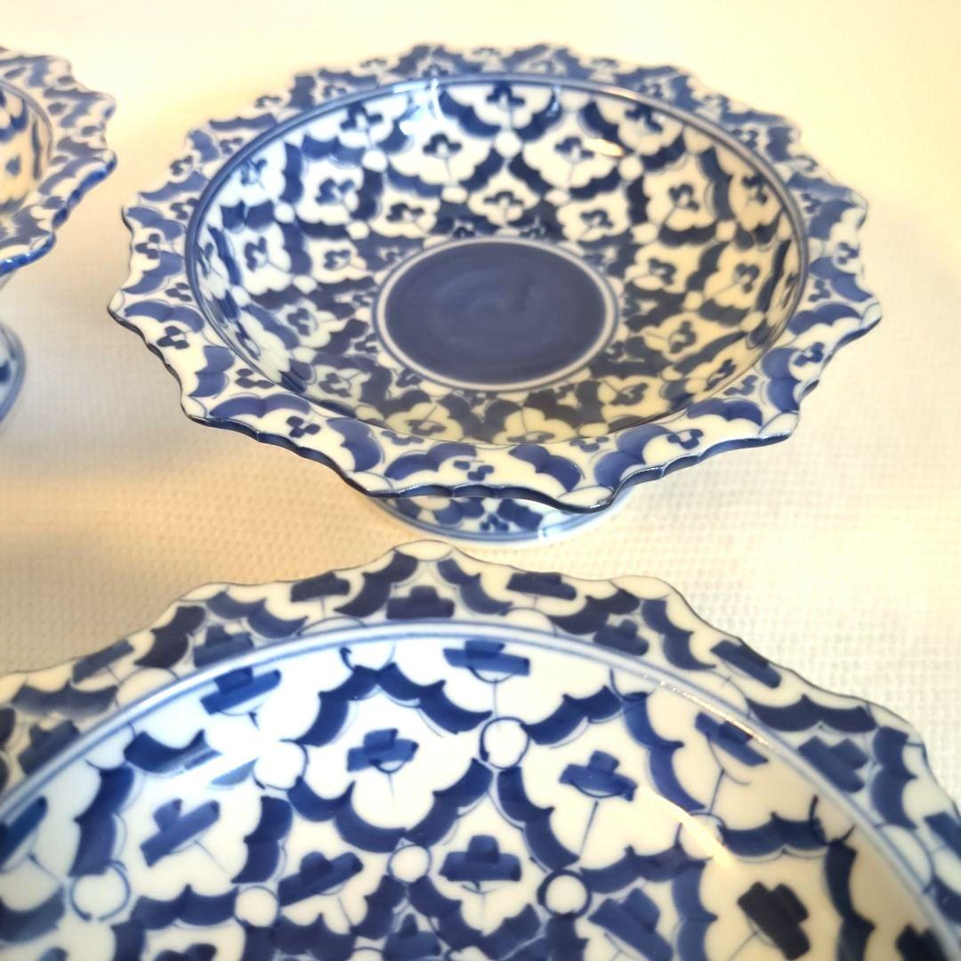 小皿　高脚付き皿　デザート皿　アイスクリーム皿　青白　タイ製　お皿