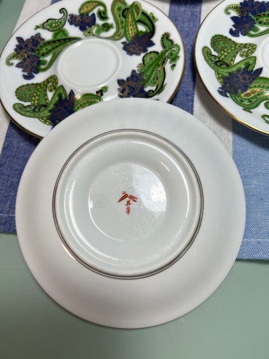 735 有田焼　其泉　染錦　ペイズリー　緑　ソーサー　茶托　7客　未使用