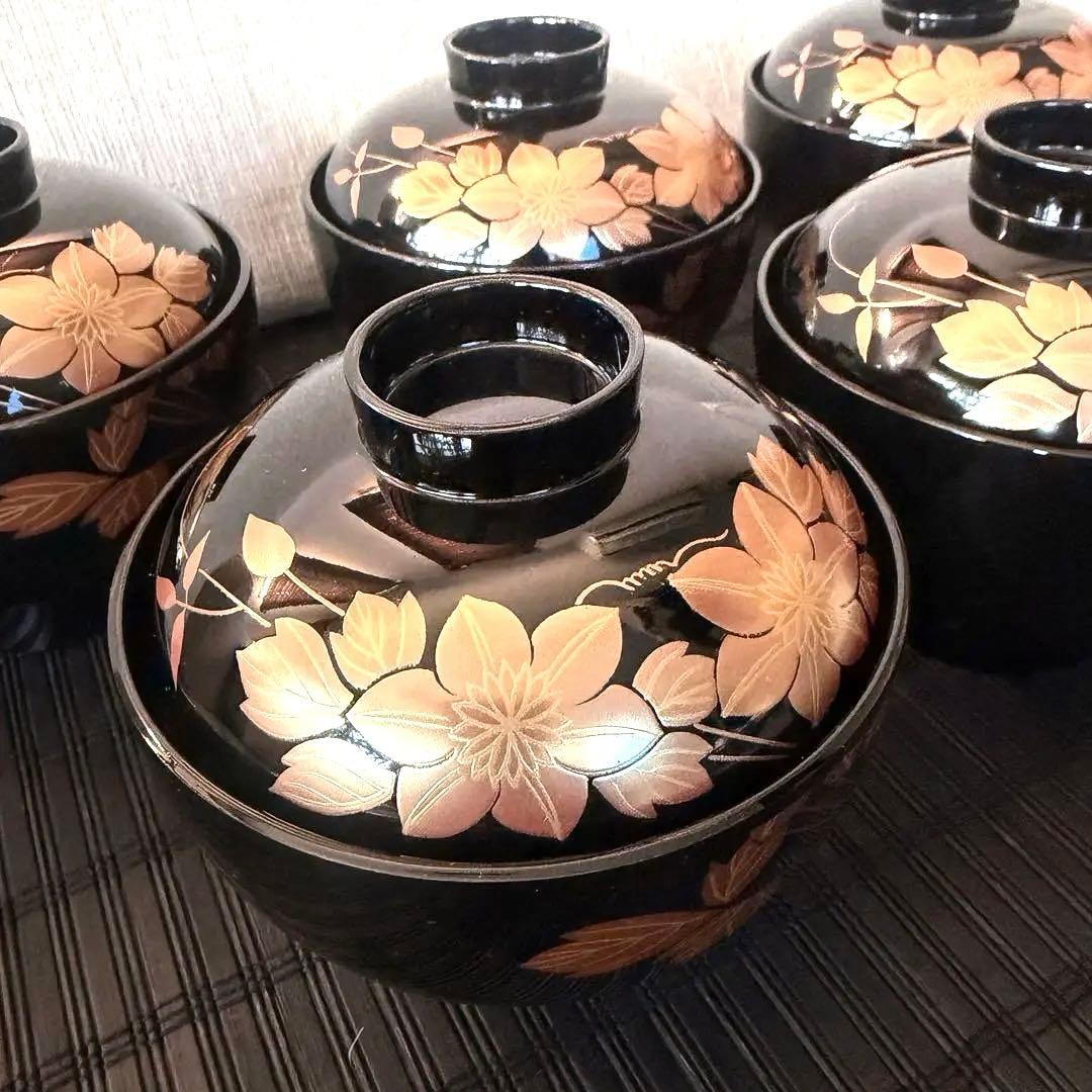【未使用品】会津塗 【乙造作】本漆塗 金彩蒔絵 鉄線 吸物椀 雑煮碗5客