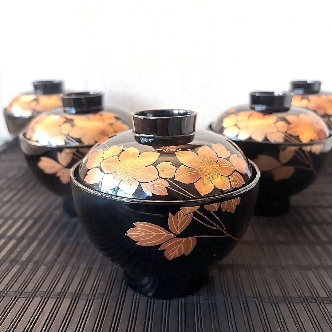 【未使用品】会津塗 【乙造作】本漆塗 金彩蒔絵 鉄線 吸物椀 雑煮碗5客