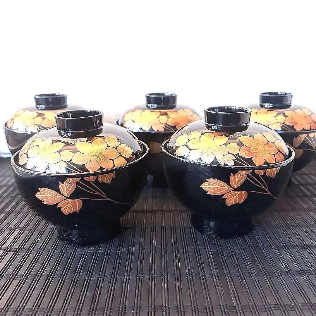 【未使用品】会津塗 【乙造作】本漆塗 金彩蒔絵 鉄線 吸物椀 雑煮碗5客