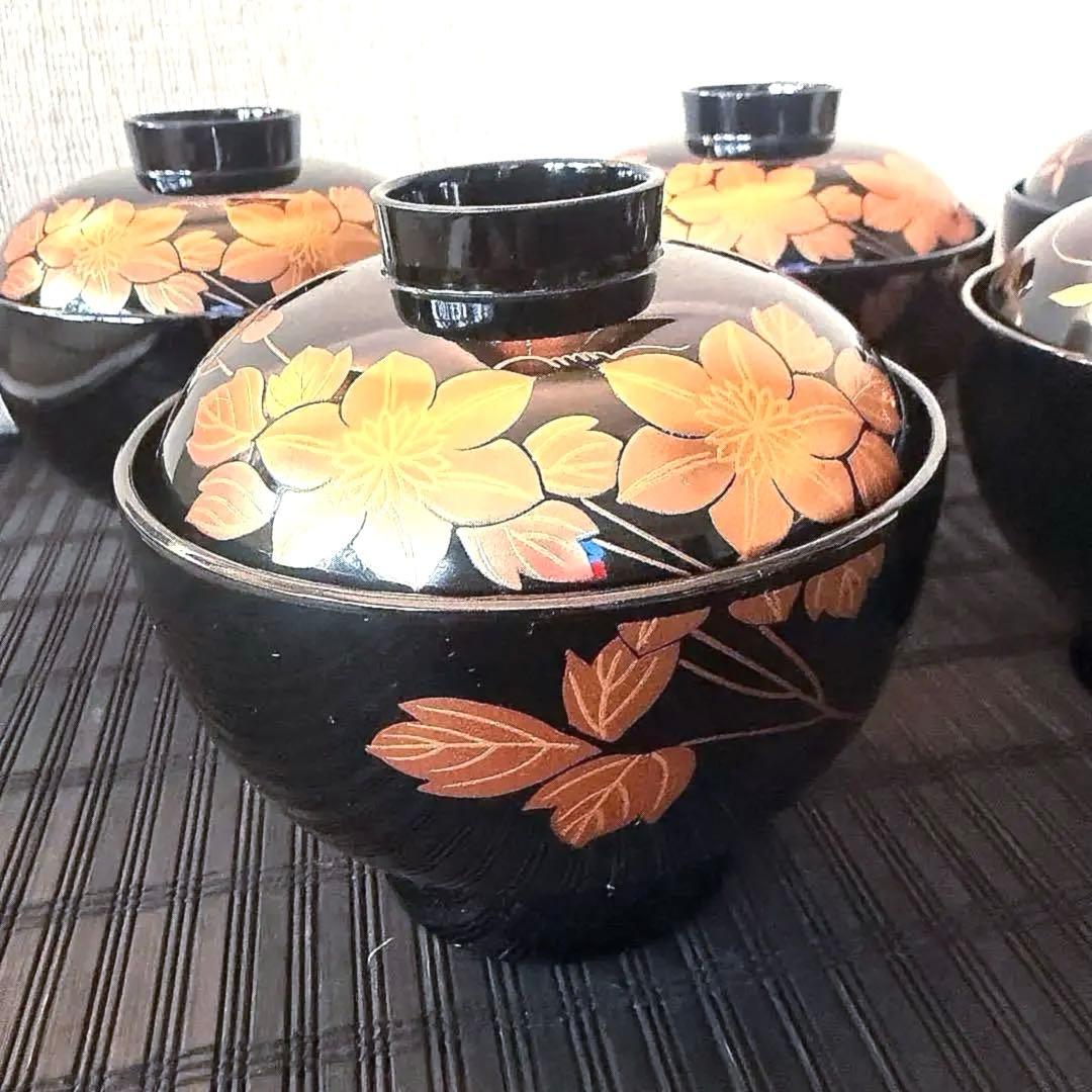 【未使用品】会津塗 【乙造作】本漆塗 金彩蒔絵 鉄線 吸物椀 雑煮碗5客