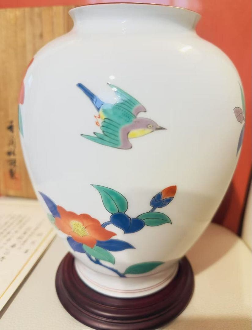 香蘭社 十三代酒井田柿右衛門 花鳥「春」の壷 花瓶原画 フランクリン画廊 共箱
