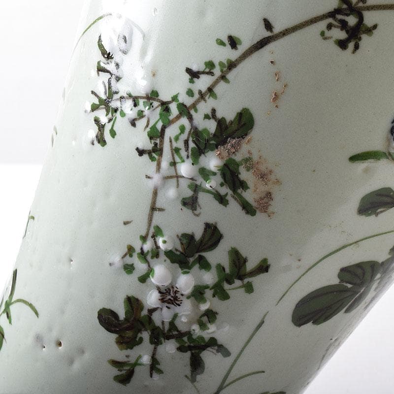 瀬戸焼　古瀬戸　青磁色絵花鳥文瓶　一対　J　R8751H