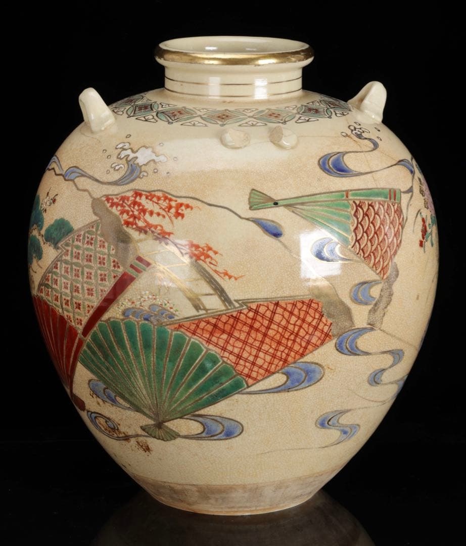 京焼 色絵扇面図四耳壺 仁清写 扇子図 金彩色絵 花瓶 飾壺 高35cm 古美術