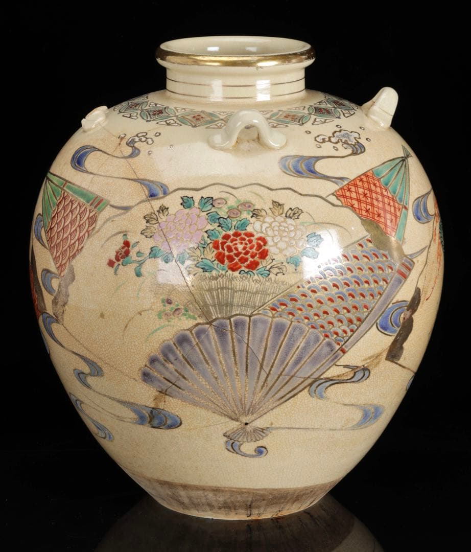 京焼 色絵扇面図四耳壺 仁清写 扇子図 金彩色絵 花瓶 飾壺 高35cm 古美術