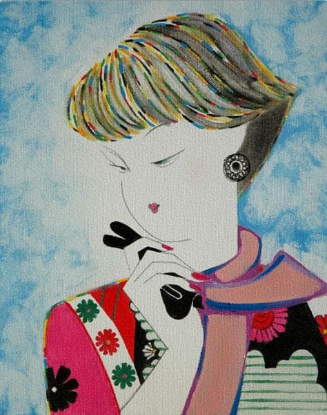 油絵 菅家令子 絵 絵画インテリア 額付(青緑＋金色の枠)F3-010311女性